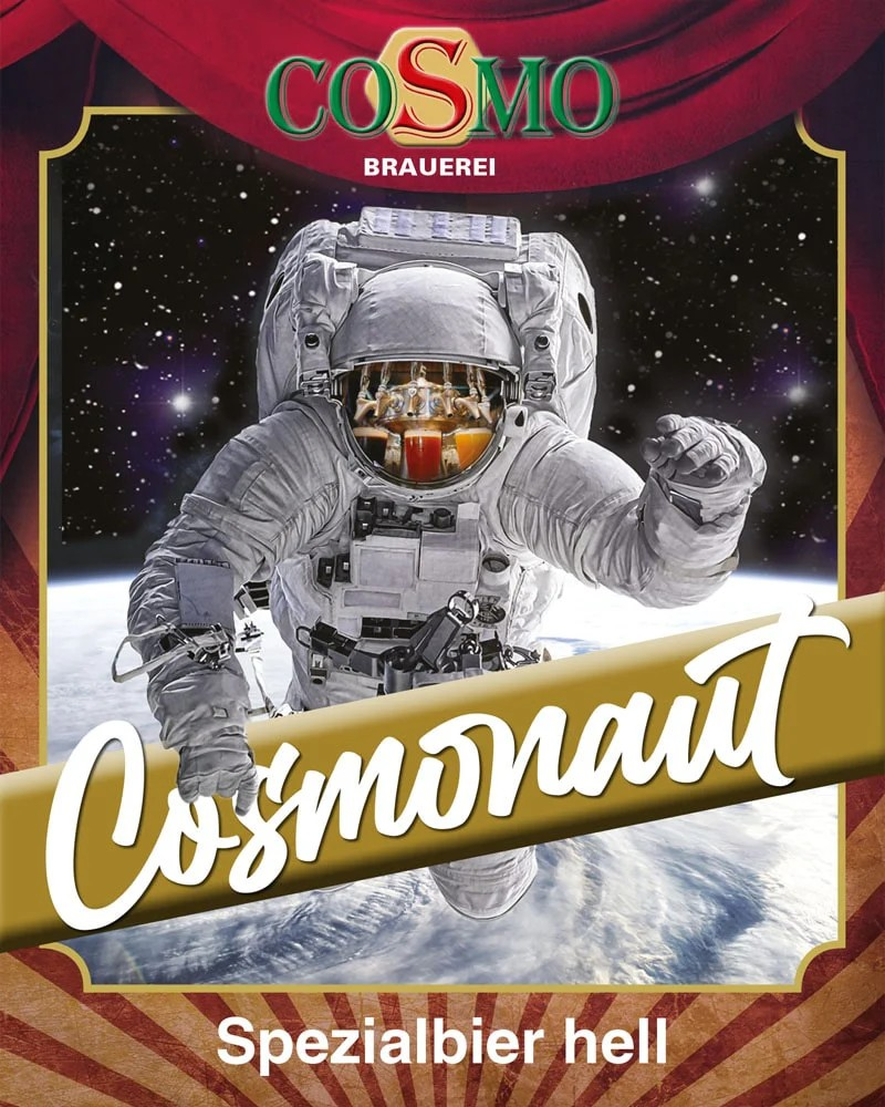 Cosmonaut – Spezialbier hell label featuring an astronaut in space, showcasing its unique brewing character.
