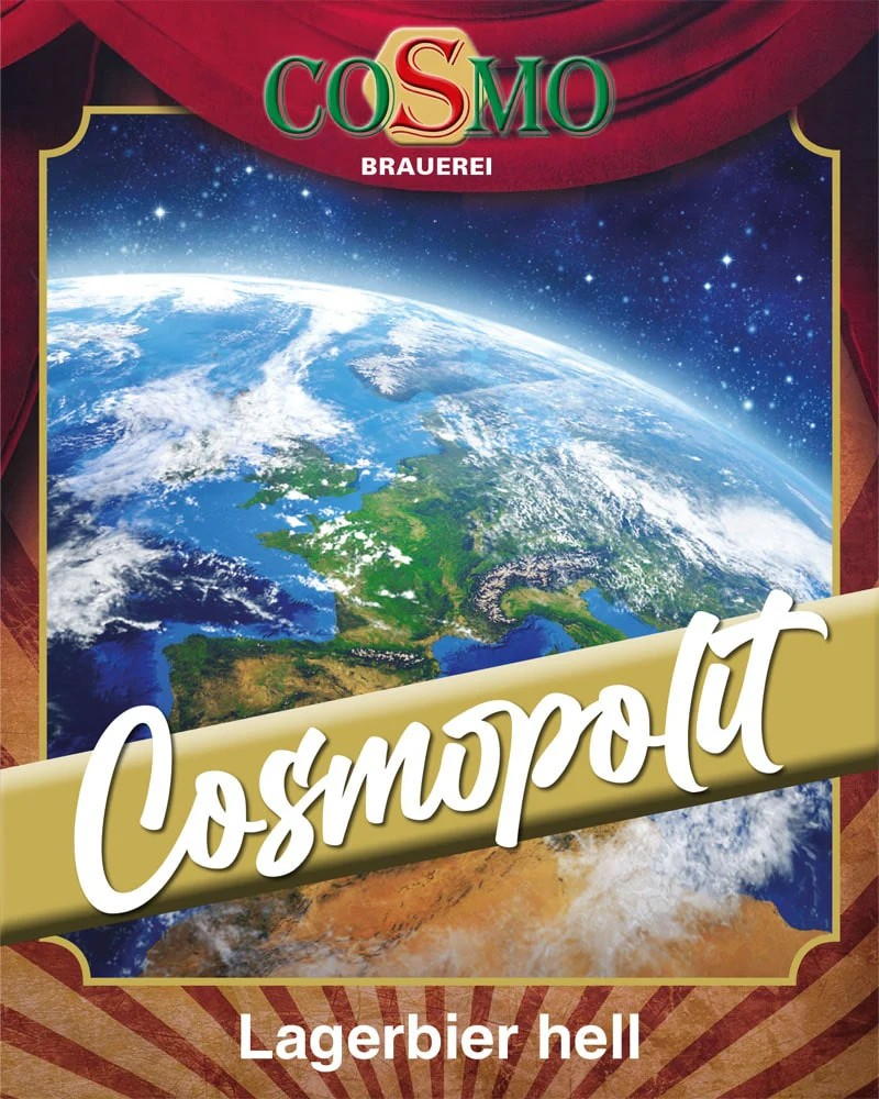 Cosmopolit – Lagerbier hell label featuring a globe and vibrant colors, ideal for beer enthusiasts.