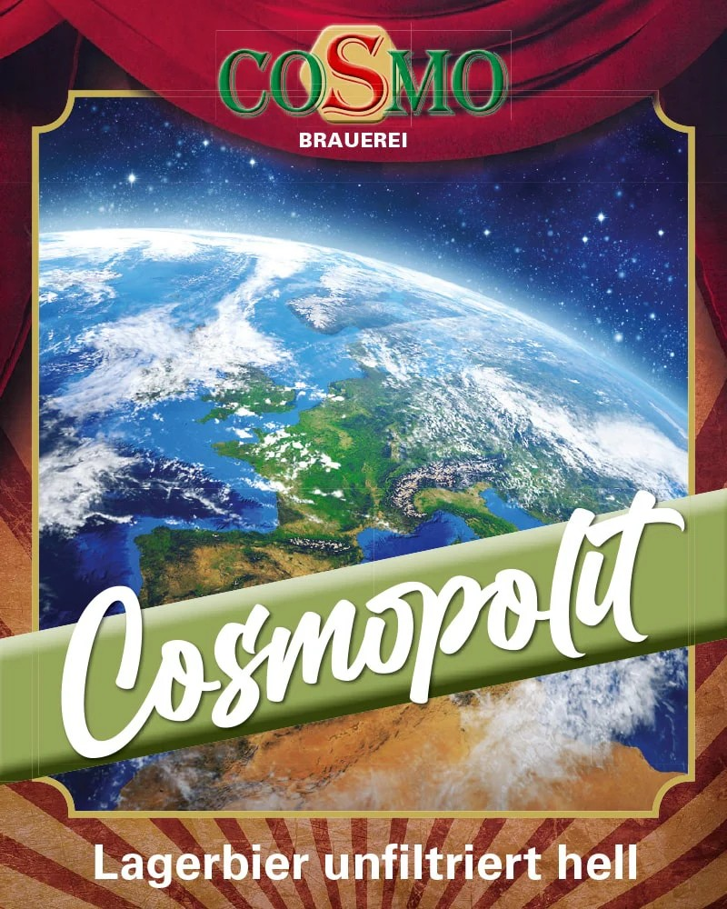 Cosmopolit – Lagerbier hell (unfiltriert) Label with earth background, showcasing premium lager beer.