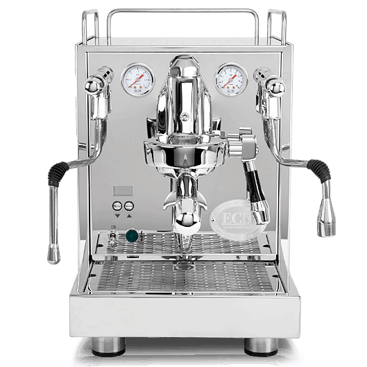 ECM Mechanika MAX espresso machine with sleek stainless steel design and dual pressure gauges.