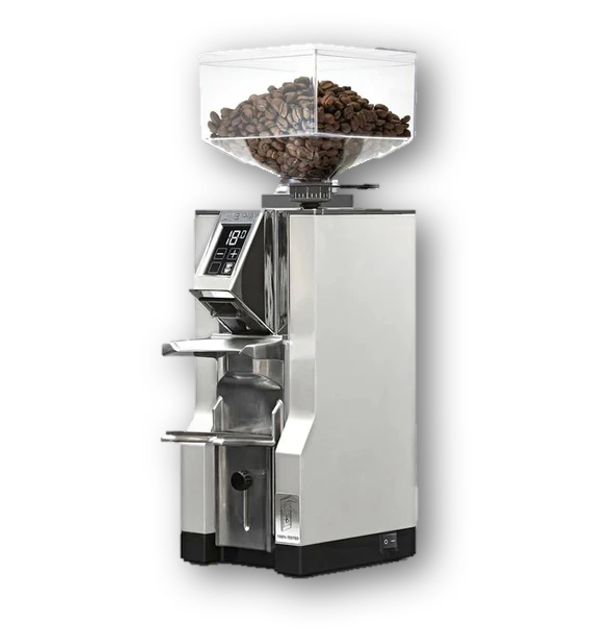 Eureka Libra/Scale chrom inkl. Pulvertrichter mit Kaffeebohnen im Behälter.