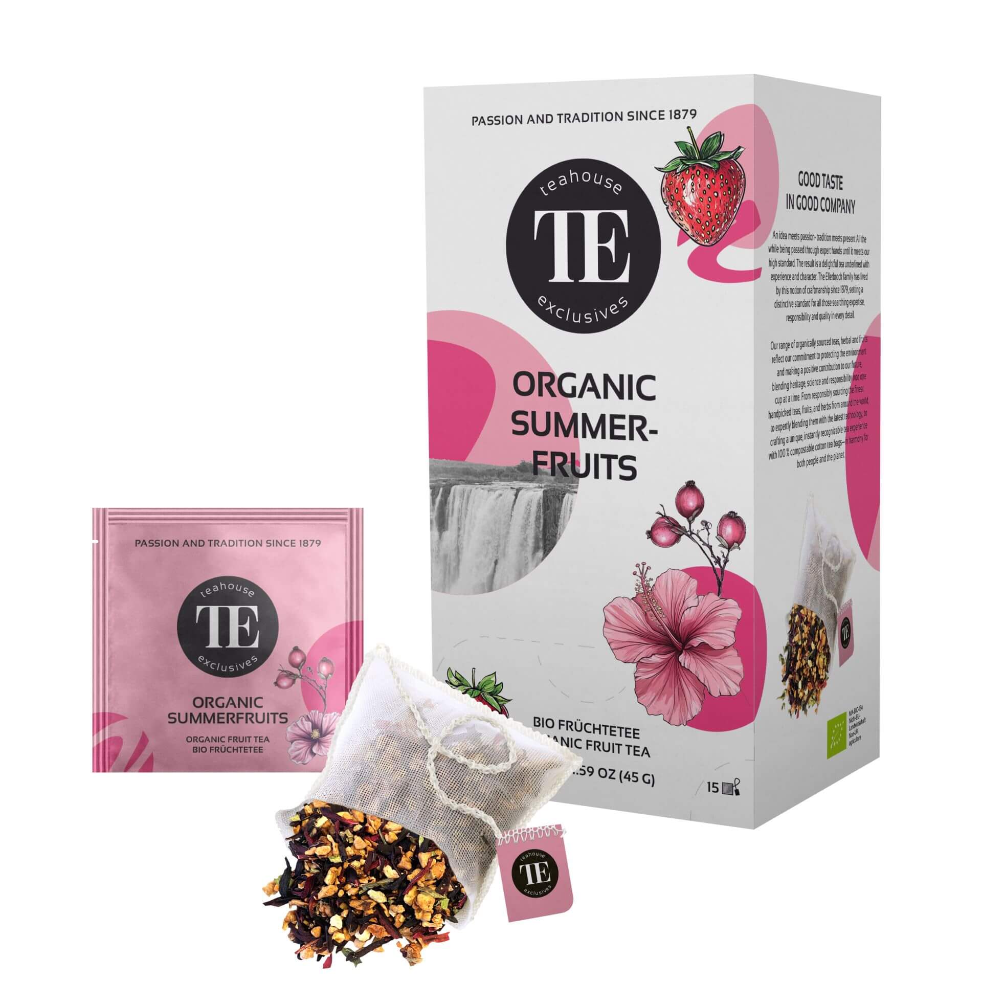 Organic Summerfruits tea packaging with fruit tea bags, showcasing fruity flavors and vibrant colors.