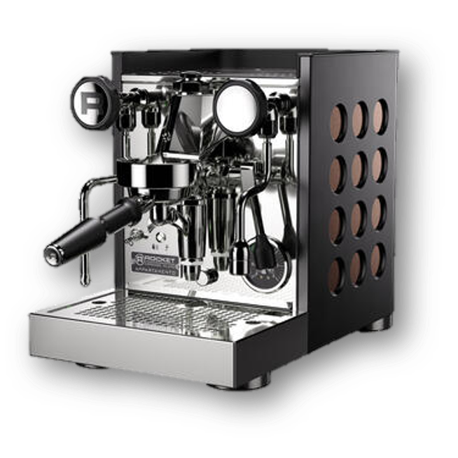 Rocket Appartamento TCA schwarz mit modernem Design, ideal für Espresso und Cappuccino, hochwertige Espressomaschine.