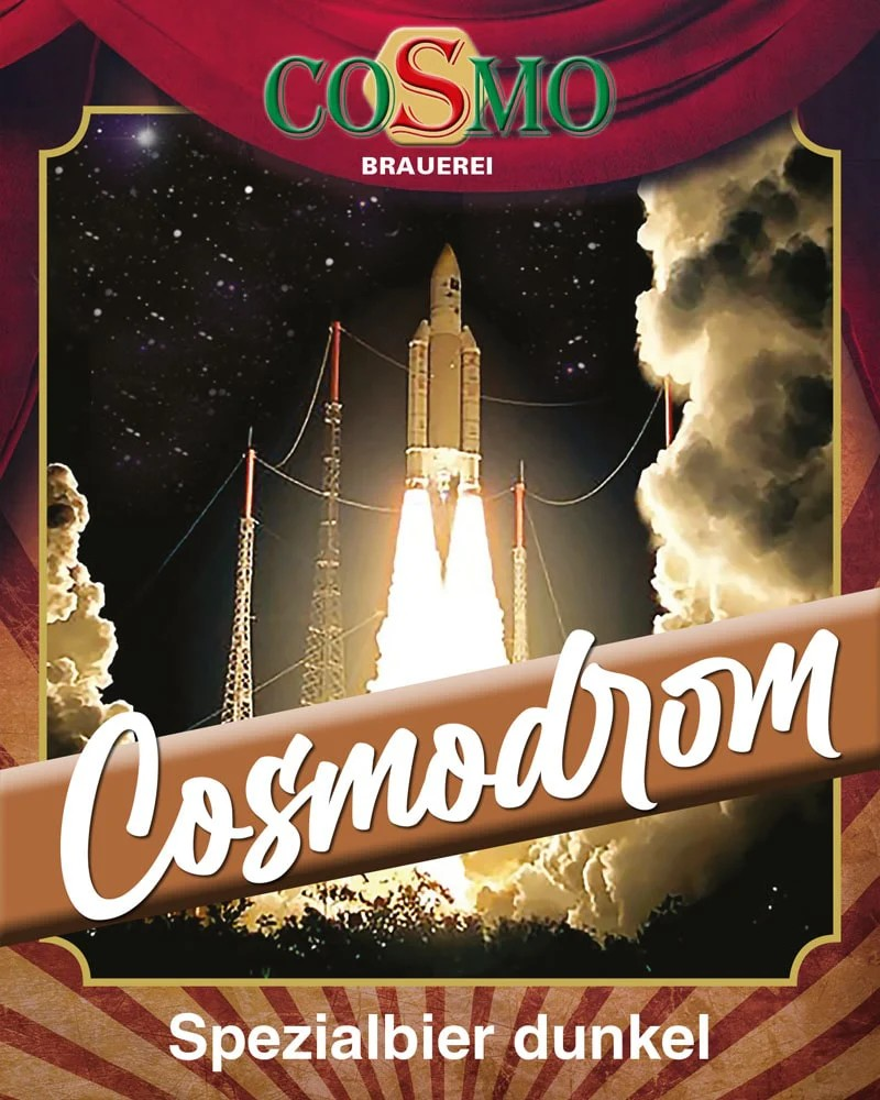Cosmodrom – Spezialbier dunkel, originelles Etikett mit Rakete und Sternenhimmel.