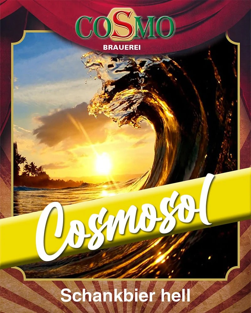 Cosmosol – Schankbier hell, erfrischendes Bierdesign mit Welle und Sonnenuntergang.