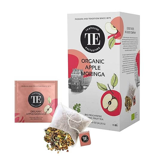 Organic Apple Moringa tea packaging and loose tea herbal blend in a box.