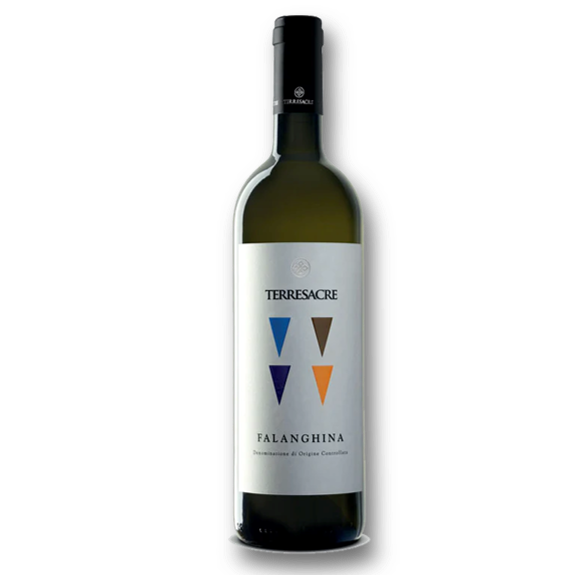 TERRESACRE FALANGHINA MOLISE DOC 2024 in a glass bottle with elegant label and colorful design.